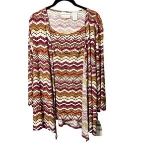 Alfred Dunner Woman 1X‎ Cardigan Tank Top Set Chevron Burgundy Tan